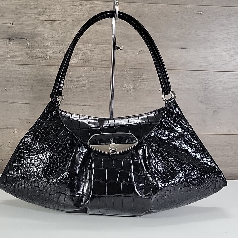Large Furla Black Croc-Embossed Leather Shoulder Bag